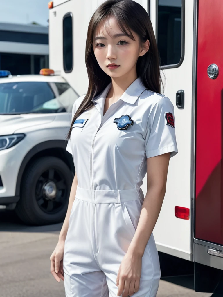 Super high quality realistic photo of young Asian beauty, first responder, wearing white short-sleeved jumpsuit with ambulance in the background.