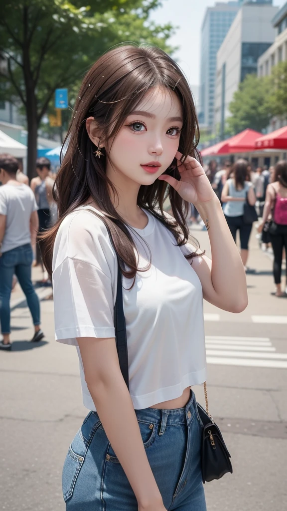 A classic white tee and distressed jeans look.、A single woman who exudes confidence and effortless style(1 Female)A masterpiece that captures the essence of(quality:1.2)。Her minimalist makeup style highlights her natural beauty..、Her messy hairstyle lends a casual charm。The scene was、Located in the vibrant surroundings of music festivals and the trendy downtown district。Wearing large jewelry.、Improved convenience。photograph、In its highest quality resolution、beautiful, Modern and easygoing encapsulation