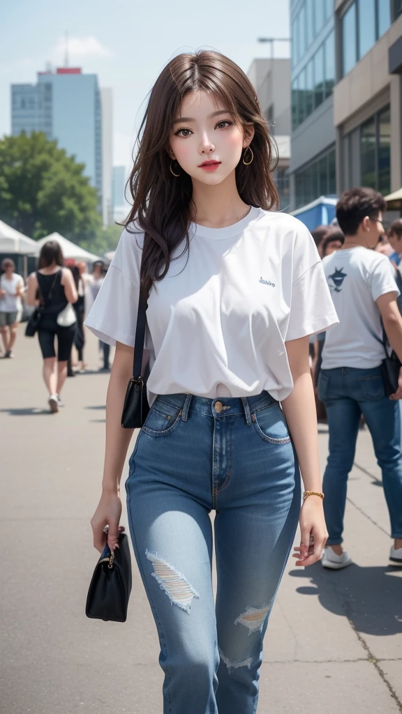 A classic white tee and distressed jeans look.、A single woman who exudes confidence and effortless style(1 Female)A masterpiece that captures the essence of(quality:1.2)。Her minimalist makeup style highlights her natural beauty..、Her messy hairstyle lends a casual charm。The scene was、Located in the vibrant surroundings of music festivals and the trendy downtown district。Wearing large jewelry.、Improved convenience。photograph、In its highest quality resolution、beautiful, Modern and easygoing encapsulation