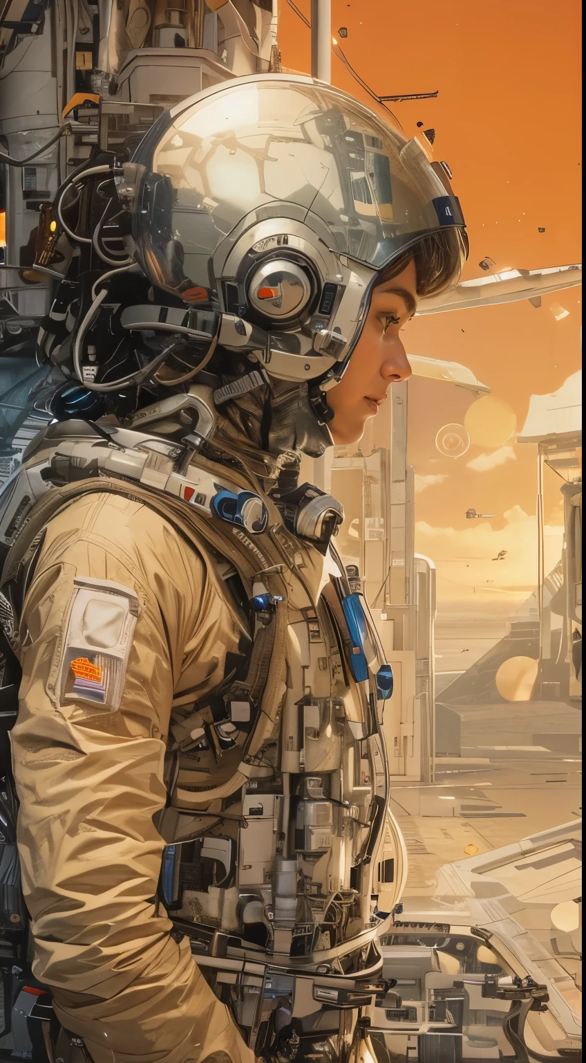 nice and handsome sci-fi astronaut with space helmet in modern brand new sci fi hangar in a dusk day