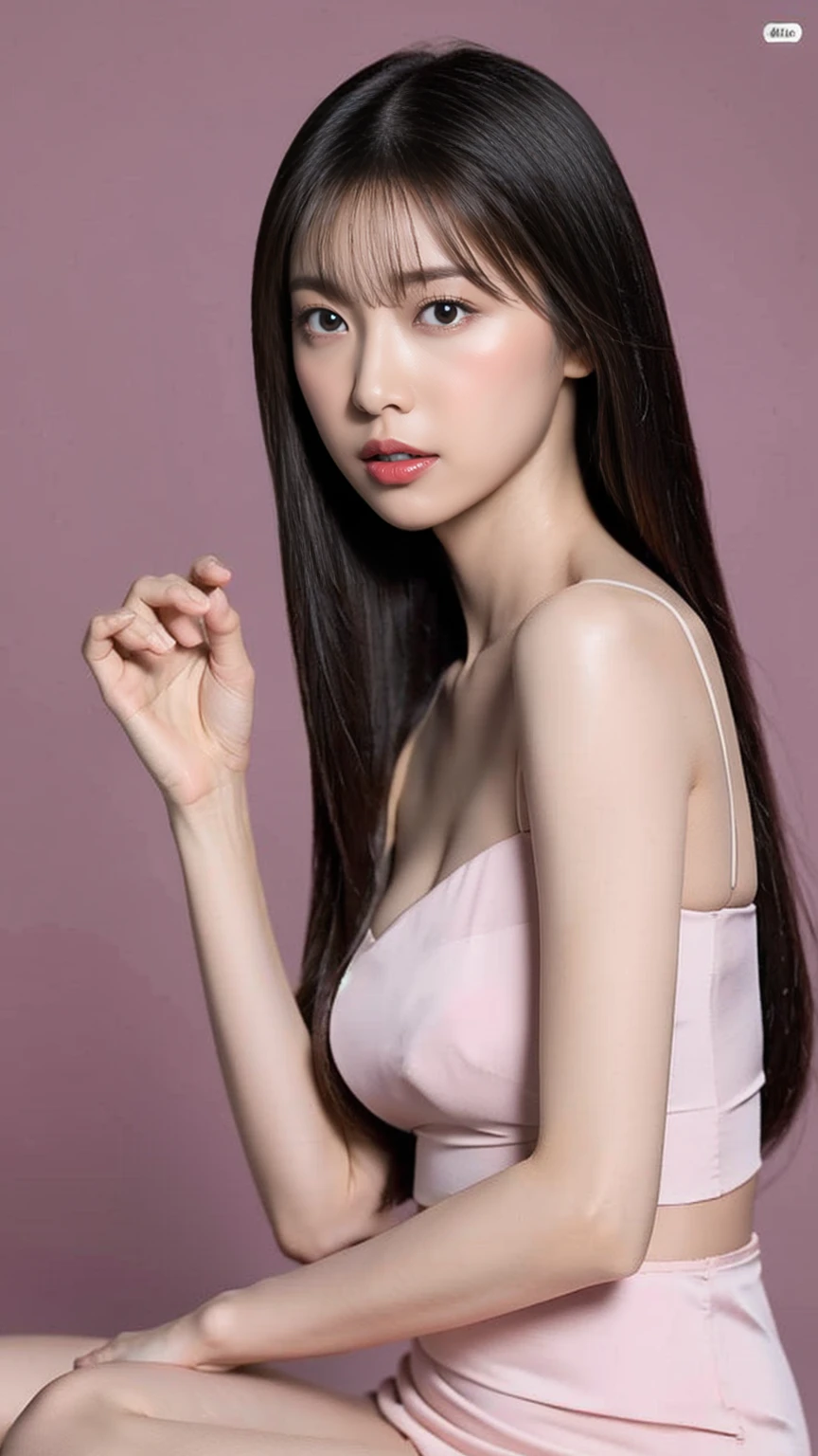 A lovely and sweet Chinese woman, Delicate and sexy collarbone, Attractive goose face, double eyelid, Clever pink eyes, Pink Lips, small, upturned nose, Bare shoulders, Plump butt, Beautiful long legs, Concentrated face, Face close-up, Ultra HD, Super detailed, Full body photo, Ultra-thin, optimal light transmission ratio, 4 fingers and 1 thumb, Horse face skirt