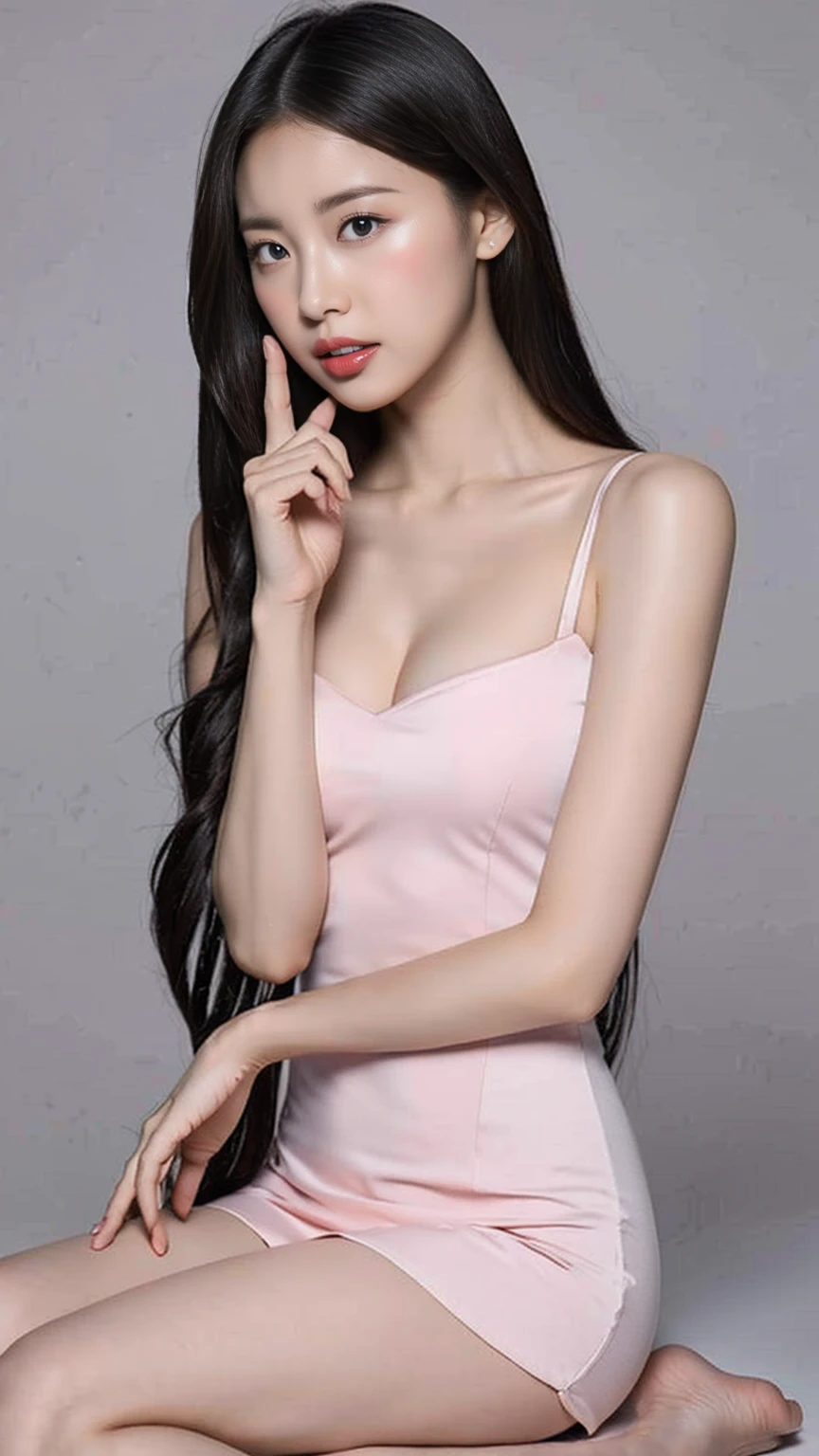 A lovely and sweet Chinese woman, Delicate and sexy collarbone, Attractive goose face, double eyelid, Clever pink eyes, Pink Lips, small, upturned nose, Bare shoulders, Plump butt, Beautiful long legs, Concentrated face, Face close-up, Ultra HD, Super detailed, Full body photo, Ultra-thin, optimal light transmission ratio, 4 fingers and 1 thumb, Horse face skirt