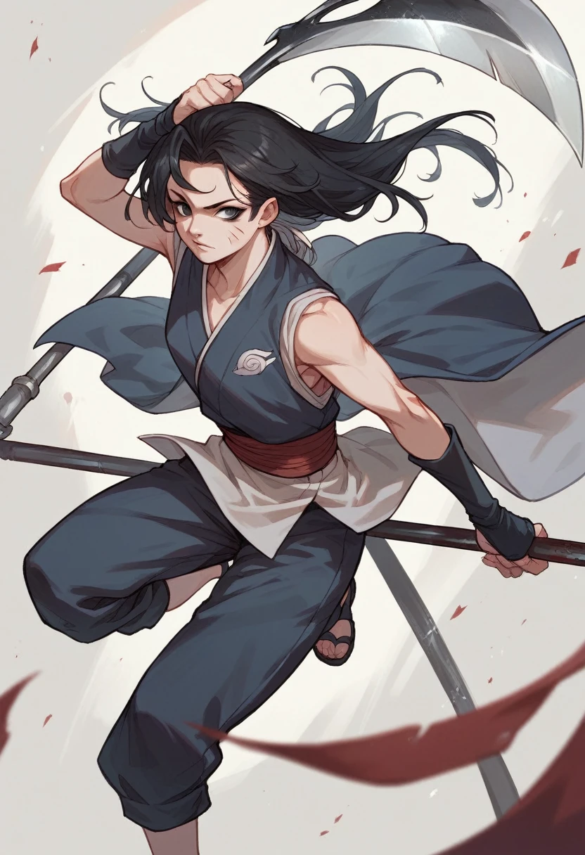 Anime girl with long black hair, black eyes an clam expression with a scythe. In the Naruto universe