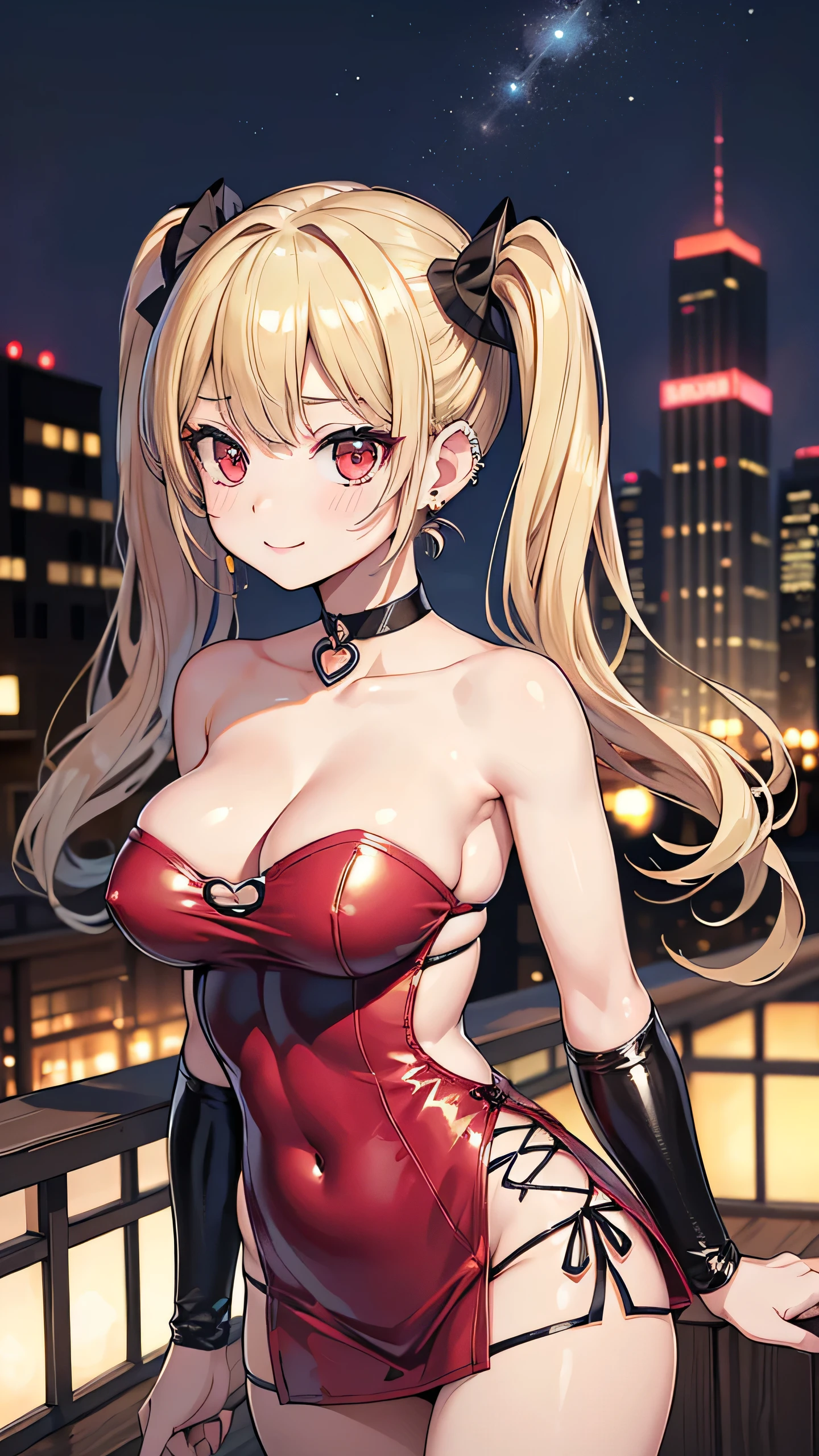 (masterpiece:1.3, Highest quality, Ultra-high resolution, Very detailed), (Kitagawa Marin), (Realistic:1.1, photoRealistic:1.4), Beautiful illustrations, Perfect lighting,Written boundary depth, Beautiful detailsまでこだわった髪, Beautifully detailed face, Beautiful details, Beautiful clavicle, Beautiful body, Beautiful and juicy breasts, Beautiful thighs, Beautiful feet, View your viewers, 1 Girl,Perfect Face, (Perfect Anatomy, Anatomically correct), Cute and symmetrical face、Baby Face、((Shiny Hair)),(Beautiful views),(Outdoor, Blurred night cityscape),(かわいいsmile, smile)、Sexy Body、(masterpiece),(Highest quality:1.3),8K,Very clear,(Ultra-realistic), One Girl,Wide Shot,((Large Breasts)),Wide Hips,Beautiful feet, Captivating woman、(masterpiece、Highest quality、Very detailedな)、((1 Girl))、((Blonde hair twin tails))、(jewelry, earrings, piercing, choker)、 (Red eye:1.2)、((とてもLarge Breasts))、Cleavage、((((Short tight fitting strapless mini dress))))、((Beautiful body lines))、((Sexy))、(((Prostitute)))、Cowboy Shot、