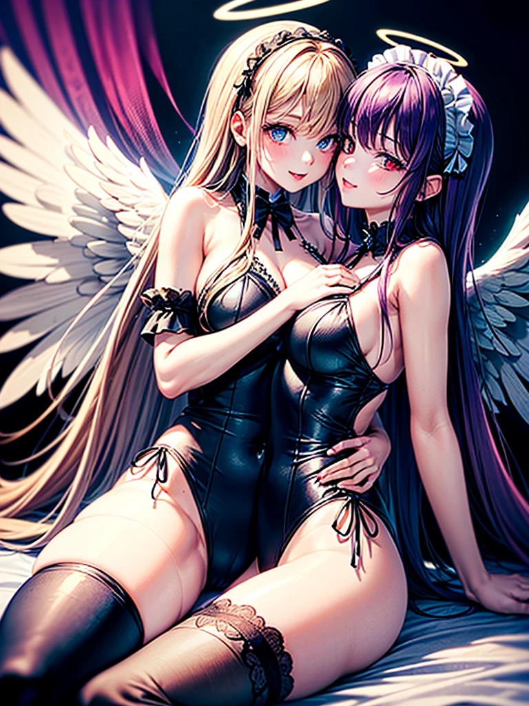 Highest quality,Highest Resolution,(((A beautiful girl with blue eyes and blonde hair in a maid leotard and white angel wings on her back)))and(((A beautiful girl with red eyes, purple hair, and black angel wings on her back in a gothic ta leotard)))They are having sex while kissing in the sitting position,saliva,(((Halo))),smile,Frills,Knee-high stockings,A distant view,