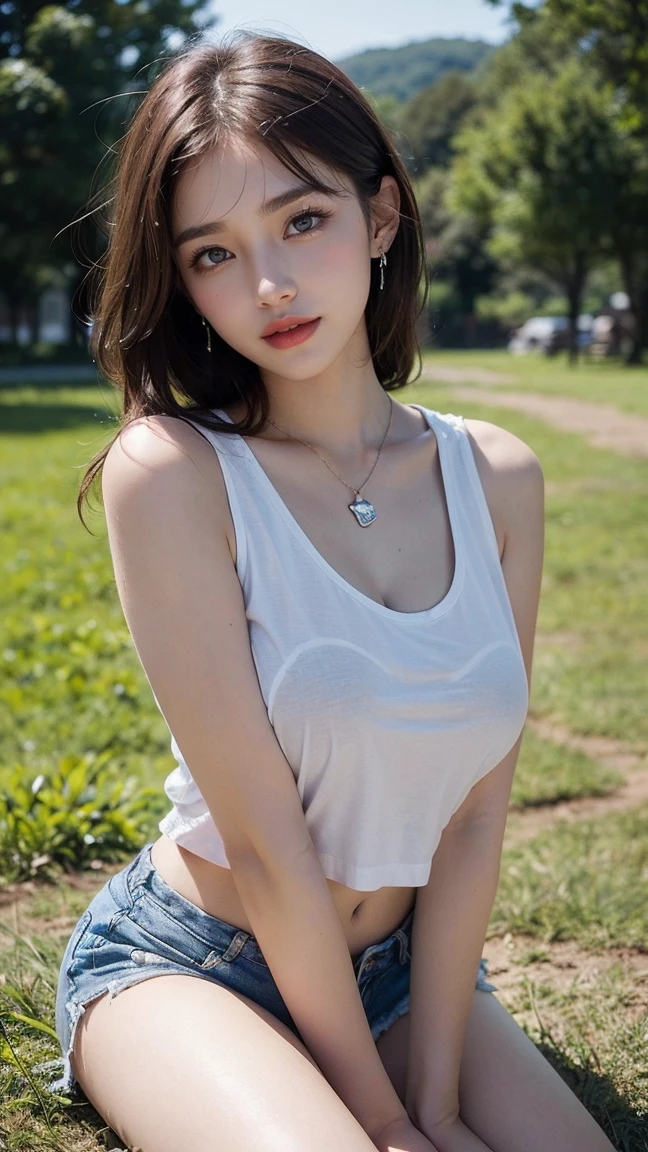 (masterpiece:1.3), 16k, high resolution, Very fine details, masterworks,(photorealistic, RAW photo, best quality:1.4), authentic texture, Texture of skin and clothing, light makeup, red lips, brown hair, beautiful hair, (medium hair:1.3), Rural Scenery background, elegant, Very fine details, authentic texture, cinematic lighting realism, perfect work, exquisite features, brown eyes, (Ultra-high resolution eye:1.1), Japanese idol, beautiful face, (gentle smile like a goddess), attractive, big well-shaped breasts, beautiful cleavage, shiny skin, (White oversized sleeveless t-shirt:1.3), break,(Mini hot pants),bright big eyes, smooth skin, (Heart shaped necklace),(Triangle ornament earrings),BREAK, (gentle smile like a goddess), sitting position, (Sit on the Grass field:1.3),shoot from below, (ground level shot), facing the front,(close up)