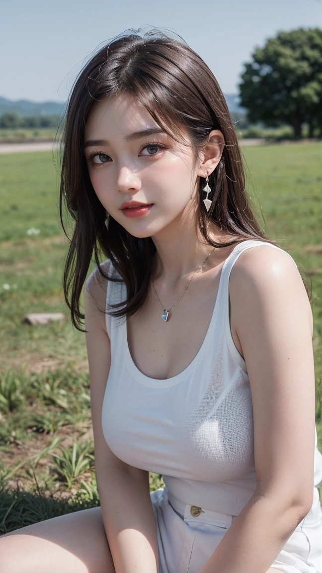 (masterpiece:1.3), 16k, high resolution, Very fine details, masterworks,(photorealistic, RAW photo, best quality:1.4), authentic texture, Texture of skin and clothing, light makeup, red lips, brown hair, beautiful hair, (medium hair:1.3), Rural Scenery background, elegant, Very fine details, authentic texture, cinematic lighting realism, perfect work, exquisite features, brown eyes, (Ultra-high resolution eye:1.1), Japanese idol, beautiful face, (gentle smile like a goddess), attractive, big well-shaped breasts, beautiful cleavage, shiny skin, (White oversized sleeveless t-shirt:1.3), break,(Mini hot pants),bright big eyes, smooth skin, (Heart shaped necklace),(Triangle ornament earrings),BREAK, (gentle smile like a goddess), sitting position, (Sit on the Grass field:1.3),shoot from below, (ground level shot), facing the front,(close up)