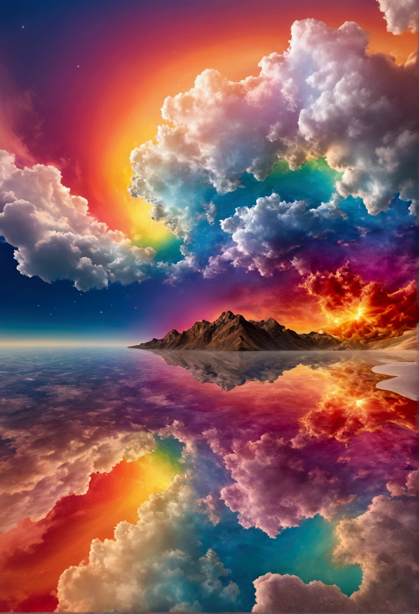 (((masterpiece))), best quality, Still film, 1 cloud, floating in the sky, Panorama, bright, soft and warm lighting, sunset (flame: 0,7)     huge space sea, with marble, Hexagonal fractal patterns and blurry rainbow colors create symmetry beneath a psychedelic space.. rainbow marble play on a starry night.