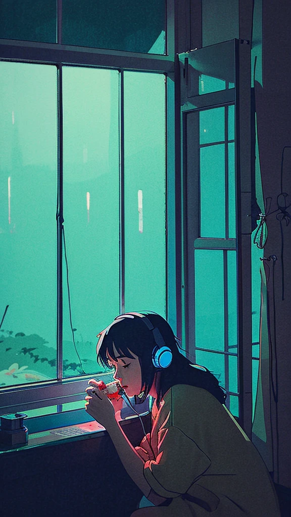 night、Girl listening to music in a cozy room, Use headphones, 2D Style Anime,  Rain outside the window、Analog Color Theme、Ghibli style、neon,Makoto Shinkai style