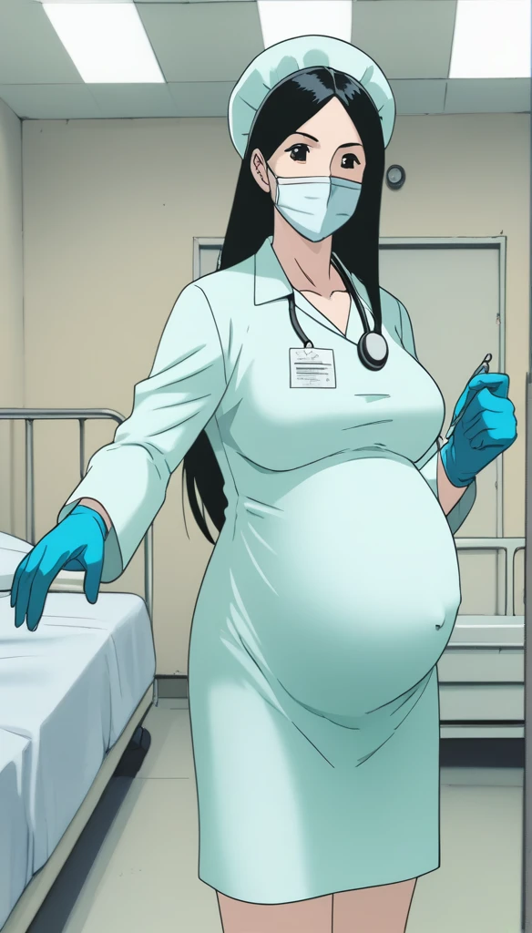 score_9,  score_8_up, score_7_up, source_anime, raw image, masterpiece, highest quality, kasuganoray, pale skin, her eyes are happy, long black hair, big breasts, scrubs, surgical mask, bouffant cap, long sleeve maternity dress, put on another long sleeved coat, seamless, navel head, the dress isn't wrinkled, long white stockings,
1girl, pregnant, solo, long rubber gloves, looking down, furrowed brow, hospital bed, light shines from the ceiling, standing, patient room background, stethoscope, She is inquiring about the patient's condition