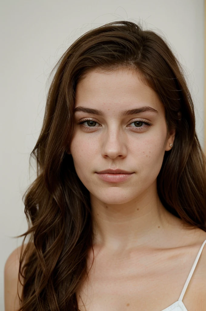 Femme de 21 ans , beau cheveux brun , yeux marron , grain de beauté sur la joue , un peu de tache de rousseur