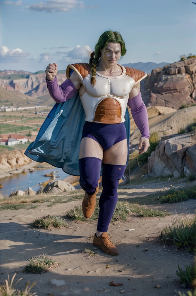 zarbon, male focus, 1boy, solo, light blue cape, blue skin, green hair, upper body, smile, single braid, purple detached sleeves, saiyan armor, blue briefs,muscular male, brown shoes, yellow eyes,earrings,circlet, rocky grassfields, blue sky, cloud, blue thighhighs,  ( best quality, masterpiece)  .