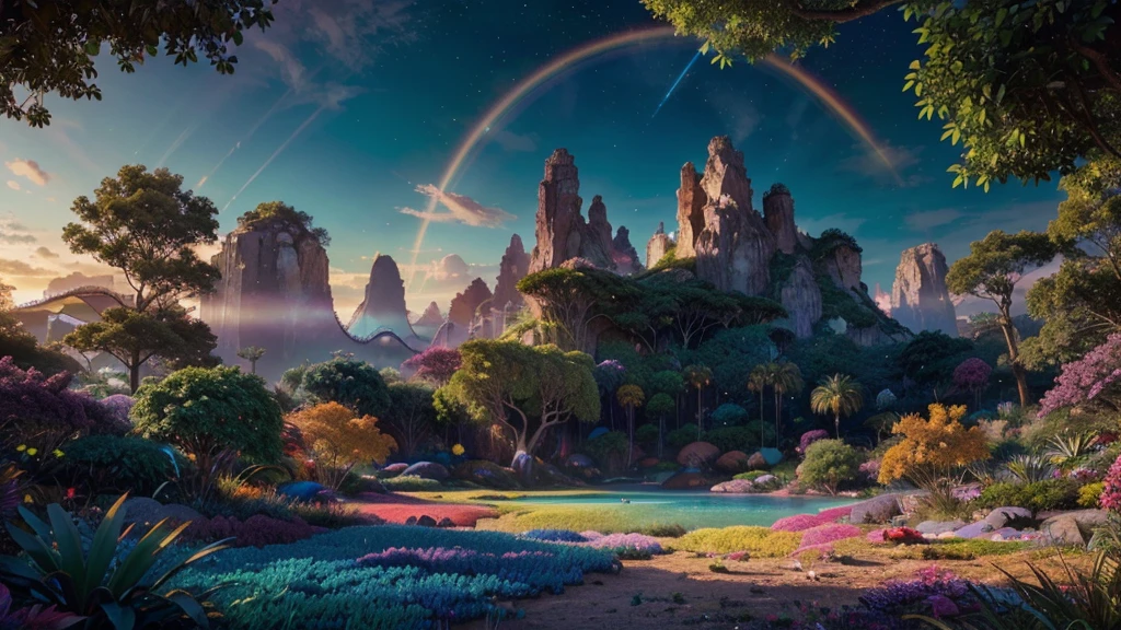 A photorealistic fantastical landscape. The background features floating islands covered in bioluminescent plants, cascading waterfalls of rainbow colors, and giant crystalline structures that refract light. Vibrant colors include deep purples, electric blues, neon pinks, and shimmering golds. The lighting is ethereal, with a soft glow emanating from the plants and crystals. Broad strokes of bright, contrasting colors sweep across the sky, reminiscent of an abstract painting - vibrant oranges, lime greens, and vivid magentas create a striking contrast against the fantastical elements. WITH DINOSAURS! WITH DINOSAURS! WITH DINOSAURS! WITH DINOSAURS! WITH DINOSAURS!