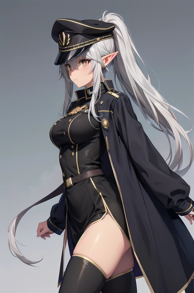 orange eyes,dark elf,grey hair,1lady,high ponytail,
gold and black coat,jewelry,gold and black uniform,military hat,thigh boots,