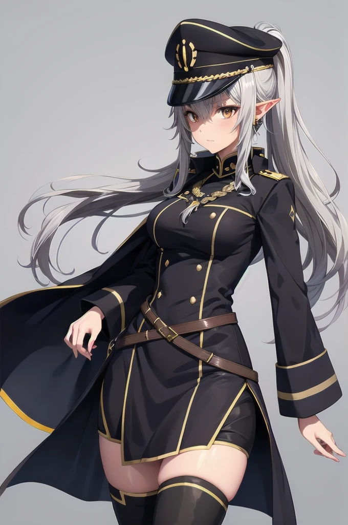 orange eyes,dark elf,grey hair,1lady,high ponytail,
gold and black coat,jewelry,gold and black uniform,military hat,thigh boots,