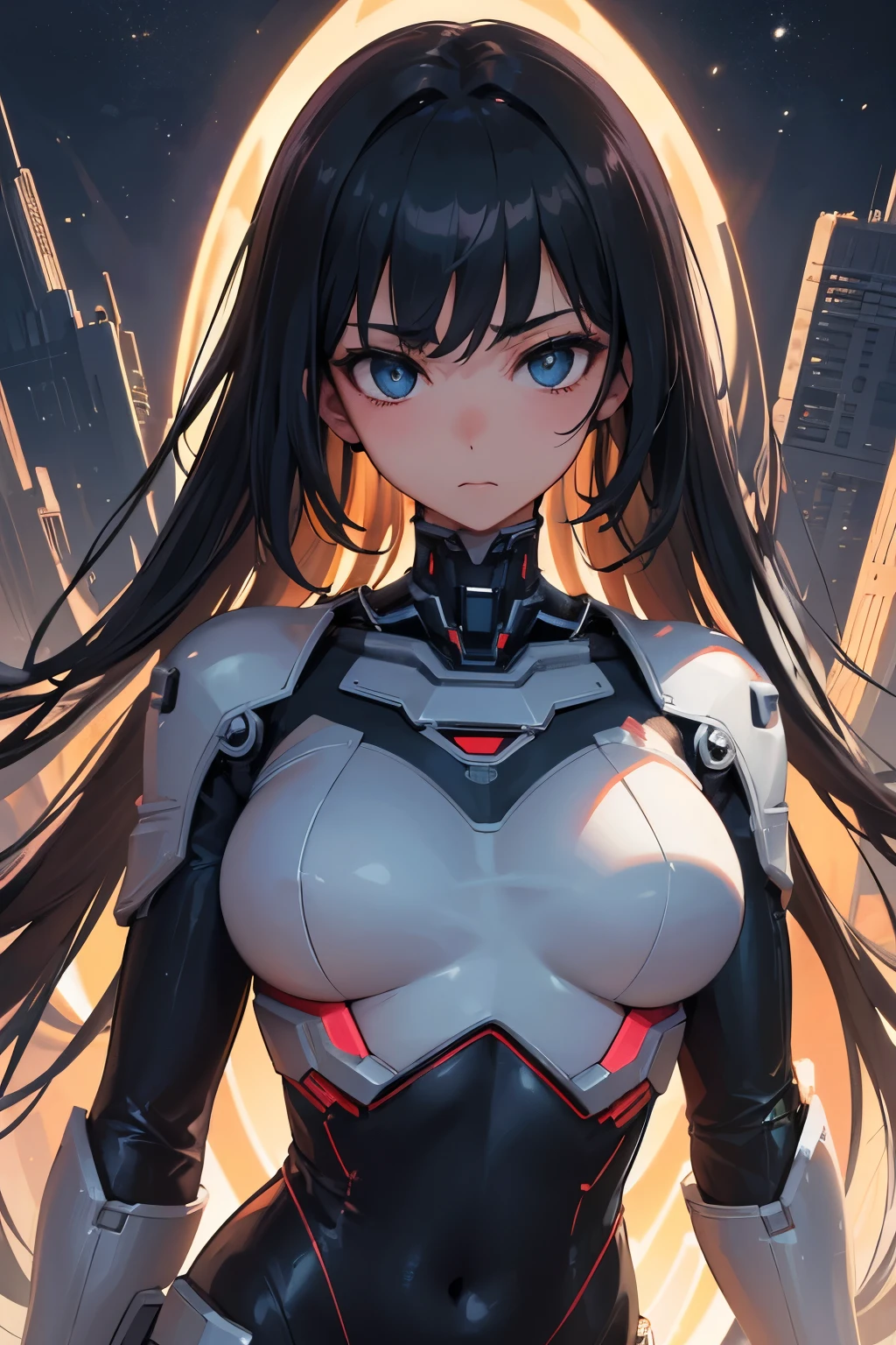 Highest quality ,masterpiece, figure, Very delicate and beautiful, Very detailed ,CG ,Unity ,8k wallpaper, wonderful, In detail, masterpiece,Highest quality,Official Art,Very detailed CG Unity 8k wallpaper,Absurd, incredibly Absurd, Super detailed, High resolution, Very detailed,Beautiful detailed girl,Light on the face, One girl, Mecha, armor, Mechanical_body, Black Hair,  Spaceship, city, cyber punk, star_null,  