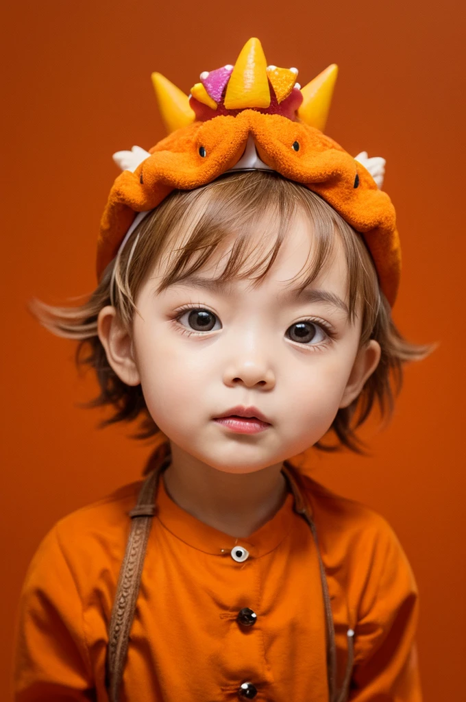 Mini dinosaur wearing a crown、Orange、The background is solid yellow