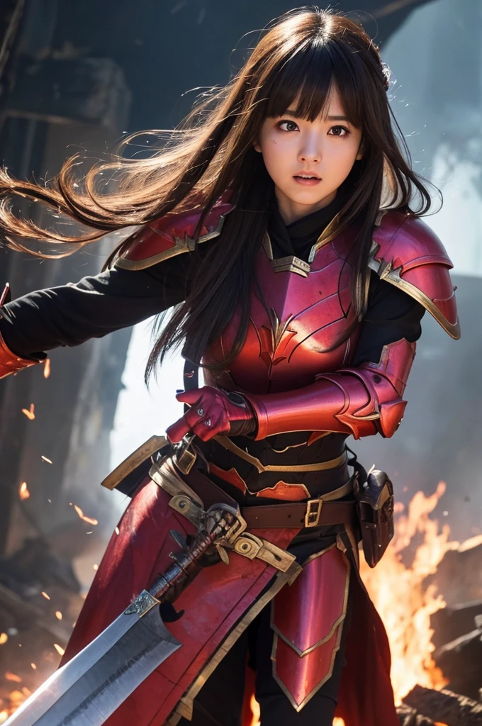 Raw photo, Very detailed, masterpiece, Highest quality, High resolution, Eye highlights, , Private Photos, night, bangs, Fluttering Hair, Outdoor, Dragon Quest、Woman warrior、Completely destroyed red armor、Injured in a fire attack、Remaining HP: 1、shieldが破壊される、Coming under attack、触手Coming under attack、Slashed with a sword、Being restrained、I&#39;Will be defeated、can&#39;Avoid attacks、Crucified、Executed、Genuine、Significant damage、shield、sword、alone、On one knee、Attacked by the flames of hell、Final blow、Armor and Armor、breastplate、腹にComing under attack、lose consciousness、self-sacrifice