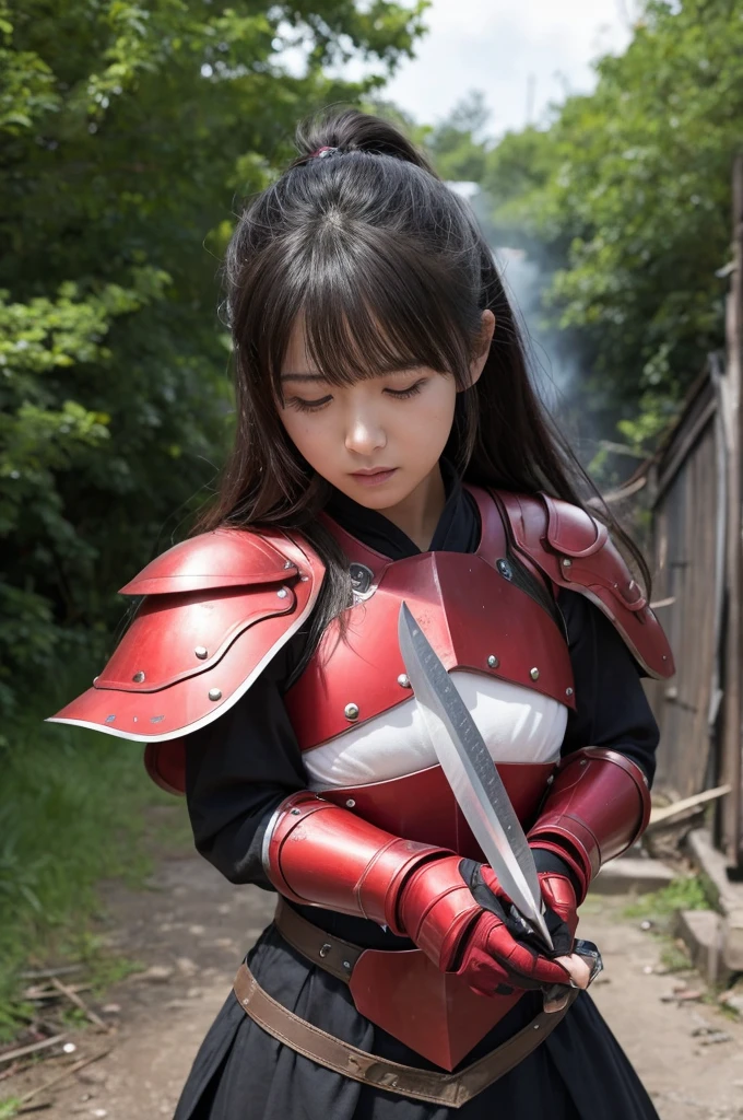 Raw photo, Very detailed, masterpiece, Highest quality, High resolution, Eye highlights, , Private Photos, night, bangs, Fluttering Hair, Outdoor, Dragon Quest、Woman warrior、Completely destroyed red armor、Injured in a fire attack、Remaining HP: 1、shieldが破壊される、Coming under attack、触手Coming under attack、Slashed with a sword、Being restrained、I&#39;Will be defeated、can&#39;Avoid attacks、Crucified、Executed、Genuine、Significant damage、shield、sword、alone、On one knee、Attacked by the flames of hell、Final blow、Armor and Armor、breastplate、腹にComing under attack、lose consciousness、self-sacrifice