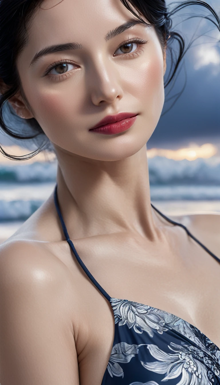 ((Masterpieces with up to 16K resolution:1.6)),Highest quality,it is really amazing,Very detailed,Ultra-high resolution,(Real:1.5),(Realistic:1.5),Increased depth of field,Cinematic Light,
Elegant mature woman,
Long black hair,(Exquisitely detailed face:1.5),Face with a gentle expression,Translucent white skin,Very sensitive skin,Great proportions,Anatomically correct body,
Elegant high leg swimsuit,Artistic design,Beautiful and detailed pattern,Detailed fabric texture,Gorgeous necklace,
Coastal landscape at dusk,Dark clouds and dark sky,delay々Continuing sandy beach, Deserted Beach,Dark sea surface,
(Dramatic Angle:1.6),