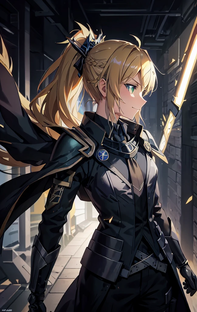 masterpiece, best quality, (detailed anime, video game art, extremely detailed CG unity 8k wallpaper), (best quality), (best illustration), (best shadow), absurdres, realistic lighting, (Abyss), beautiful detailed glow, anime, solo, 1girl, upper body shot, (mordred:0.89), female, feminine, blonde hair, green eyes, ponytail, tomboy, long hair, (dynamic pose, attack stance, valkyrie, smirk:1.03), messy hair, royalty warrior, soldier, vicious expression, grin, death glare, kubrick stare, perspective view, (\ ( three quarter profile \ ):0.95), suit and tie, overcoat, black suit, belt, spotlight, dark theme