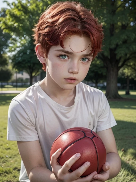 boy with red hair and green eyes, 5 years, in a park. holding a ball, high resolution image ((photo realist)) fully body