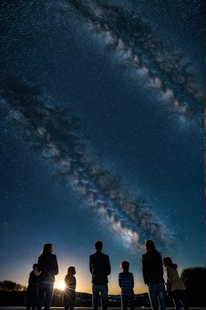 Trois filles et un garçon qui regarde le ciel avec un fond galaxie