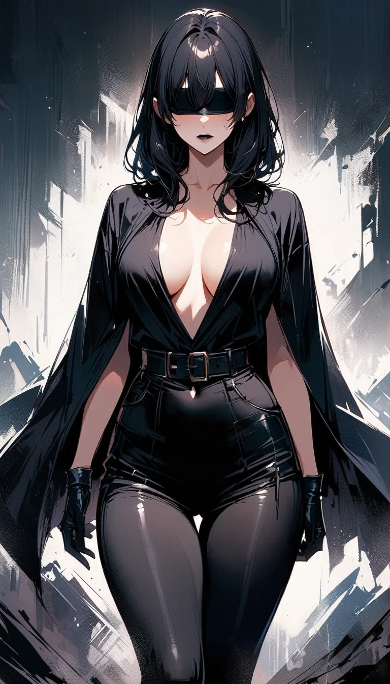 (high quality, 8k, 4K, high contrast, artwork:1.2, high quality, best aesthetics), (centered), ((1 woman)), erotic, sensual, mature body, super detailed, beautiful face detailed, detailed beautiful mouth, perfect breats, perfect wide thighs, (short straight black hair), (black lipstick), (sadistic expression), (black blindfold), (eyes covered by a black blindfold), (blindfolded), (plain white shirt), (black leggings), (long black poncho), (black gloves), (standing), (looking at viewer), (front view)