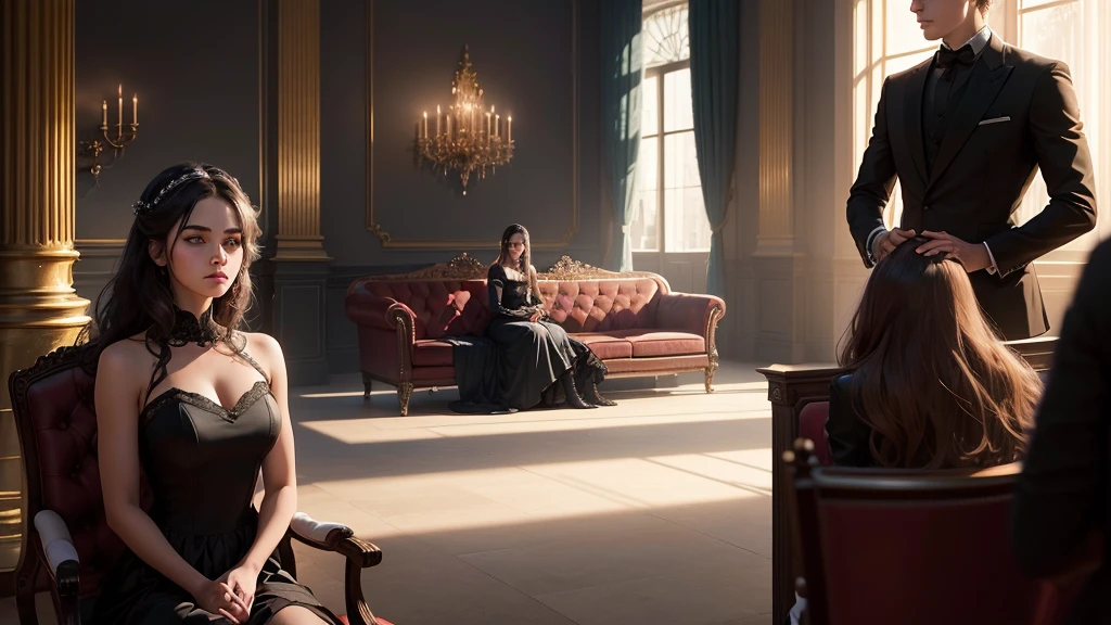 A scene of a sad and lonely young woman sitting in a dark corner of a large and opulent room. Her family is in the background, with the brother in the center, receiving attention and applause. The young woman should be depicted in darker and cooler colors, while the family is in warm and bright tones.