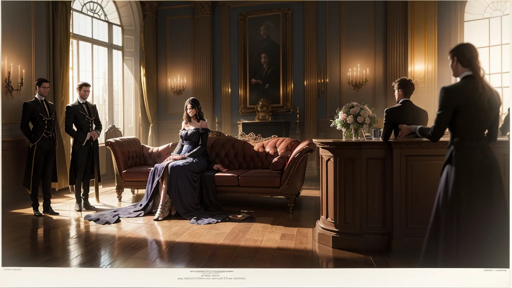 A scene of a sad and lonely young woman sitting in a dark corner of a large and opulent room. Her family is in the background, with the brother in the center, receiving attention and applause. The young woman should be depicted in darker and cooler colors, while the family is in warm and bright tones.