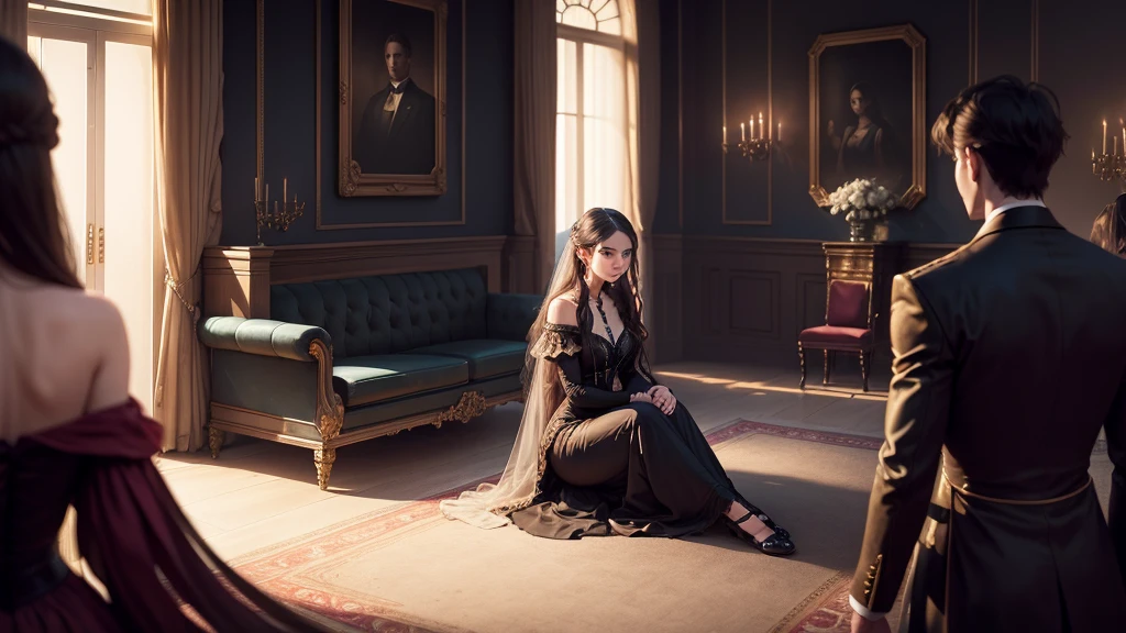 A scene of a sad and lonely young woman sitting in a dark corner of a large and opulent room. Her family is in the background, with the brother in the center, receiving attention and applause. The young woman should be depicted in darker and cooler colors, while the family is in warm and bright tones.