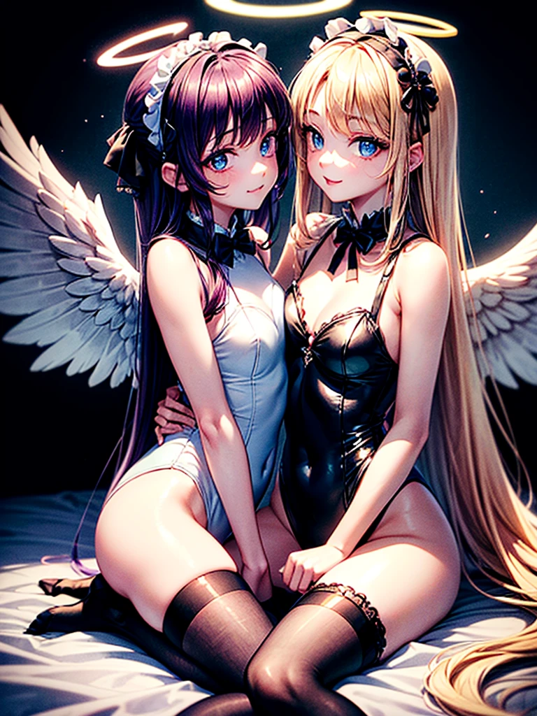 Highest quality,Highest Resolution,(((A beautiful girl with blue eyes and blonde hair in a maid leotard and white angel wings on her back)))and(((A beautiful girl with red eyes, purple hair, and black angel wings on her back in a gothic ta leotard)))They are having sex while kissing in the sitting position,saliva,(((Halo))),smile,Frills,Knee-high stockings,A distant view,