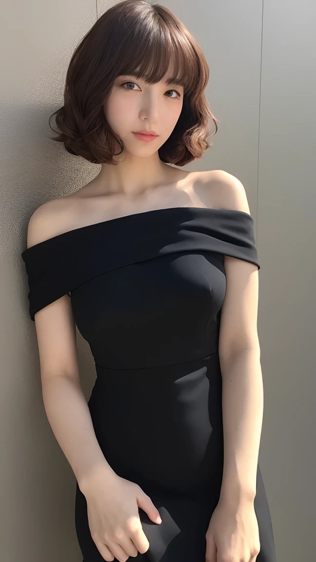 (masterpiece, Highest quality), 1. young Woman, Beautiful Face, Tatsumaki, dress, Black dress,Big Breasts,Split,Off-the-shoulder clothing