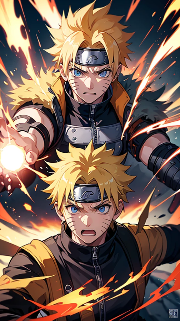 detailed portrait of Naruto, explosive energy, dynamic attack pose, powerful ninja, bright blue eyes, spiky blond hair, detailed facial features, determined expression, dynamic motion blur, cinematic lighting, vibrant colors, masterpiece, 8k, hyper realistic, digital art