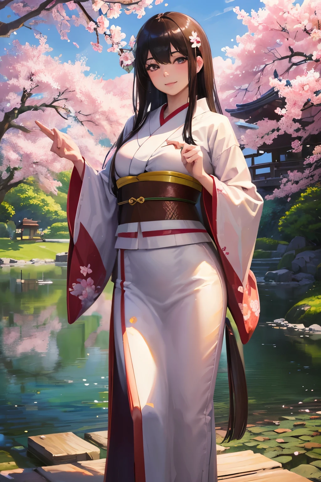 ((Highest quality)), ((masterpiece)), ((Realistic)), Standing in a tranquil Japanese garden with cherry blossoms at eye level、A girl with perfect beauty, Scenic, masterpiece, (High resolution), original, extremely detailed 8K , (photoRealistic:1.4),Perfect Face, Perfect Eyes,Symmetrical body type,smile,