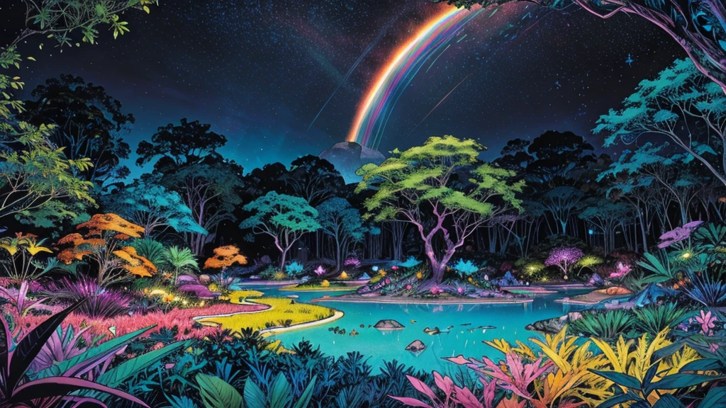 A photorealistic fantastical landscape. The background features floating islands covered in bioluminescent plants, cascading waterfalls of rainbow colors, and giant crystalline structures that refract light. Vibrant colors include deep purples, electric blues, neon pinks, and shimmering golds. The lighting is ethereal, with a soft glow emanating from the plants and crystals. Broad strokes of bright, contrasting colors sweep across the sky, reminiscent of an abstract painting - vibrant oranges, lime greens, and vivid magentas create a striking contrast against the fantastical elements. WITH DINOSAURS! WITH DINOSAURS! WITH DINOSAURS! WITH DINOSAURS! WITH DINOSAURS!