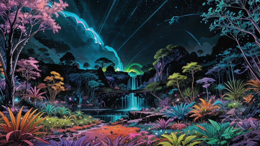 A photorealistic fantastical landscape. The background features floating islands covered in bioluminescent plants, cascading waterfalls of rainbow colors, and giant crystalline structures that refract light. Vibrant colors include deep purples, electric blues, neon pinks, and shimmering golds. The lighting is ethereal, with a soft glow emanating from the plants and crystals. Broad strokes of bright, contrasting colors sweep across the sky, reminiscent of an abstract painting - vibrant oranges, lime greens, and vivid magentas create a striking contrast against the fantastical elements. WITH DINOSAURS! WITH DINOSAURS! WITH DINOSAURS! WITH DINOSAURS! WITH DINOSAURS!