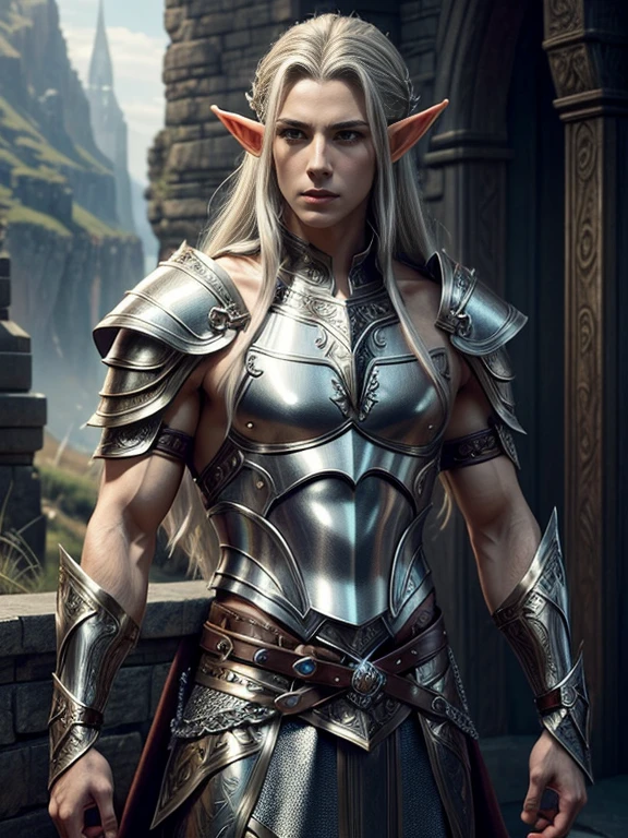 ((​masterpiece)), best quality, expressive eyes, ​masterpiece, highly detailed, exquisite character art, epic fantasy digital art style, detailed digital 3D fantasy art, (male elf and female elf) a male adult tall strong adult elf with long silver hair and forehead in silver chain mail armor and together with a female elf with dark blonde hair wearing armor and  brown leather