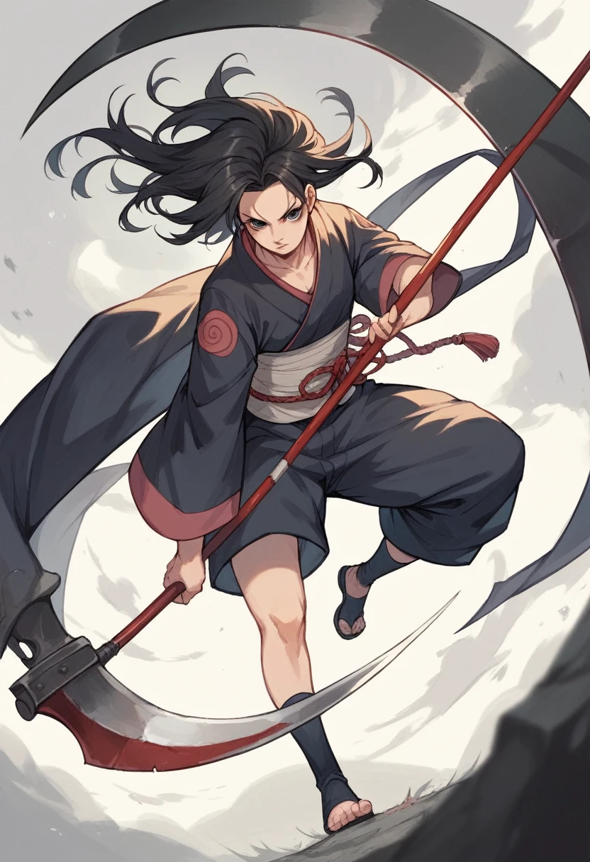 Anime girl with long black hair, black eyes an clam expression with a scythe. In the Naruto universe