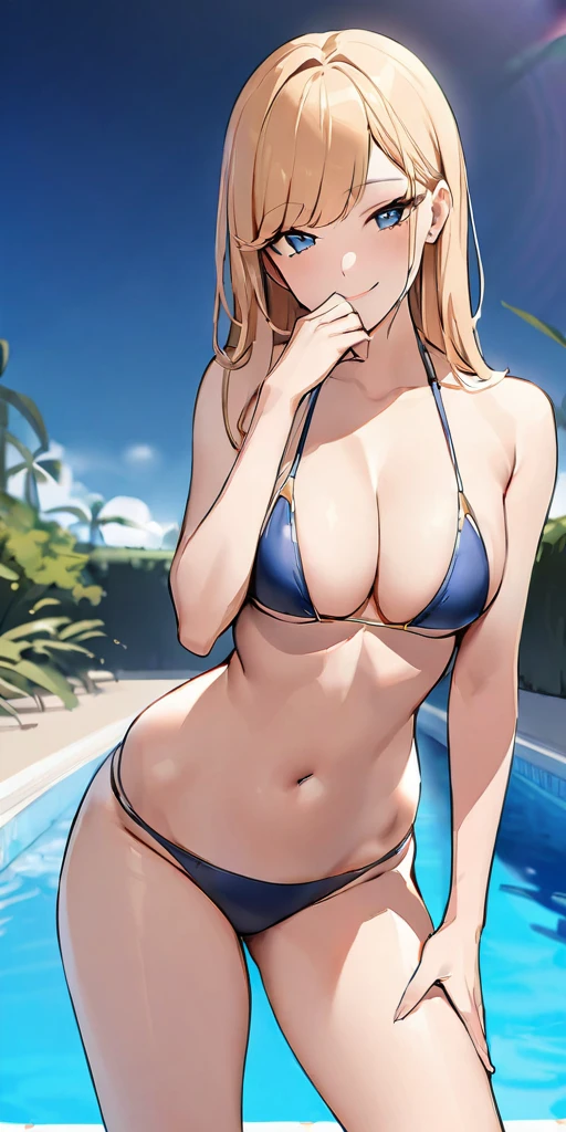 ((Highest quality、、masterpiece:1.3))、Long legs、Sharp focus:1.2, Beautiful woman with perfect figure:1.4、(Smiling:1.2), double eyelid、30-year-old female、Sexy pose、((((Close your mouth、One Woman、bikini)))),(((((one women,pool side:1.5)))))、((standing, cowboy shot:1.5))、