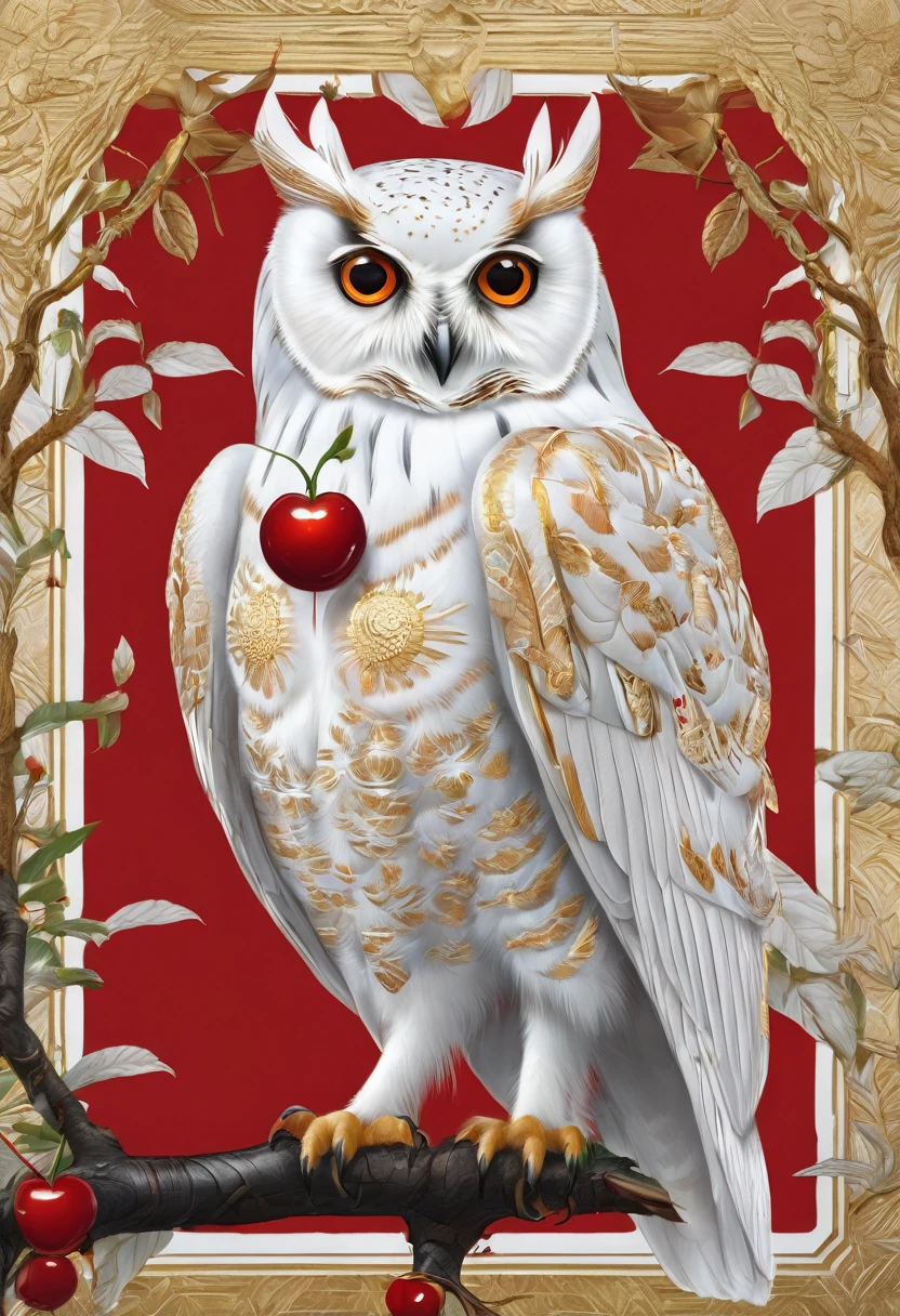 White owl with golden feathers carrying two red cherries 