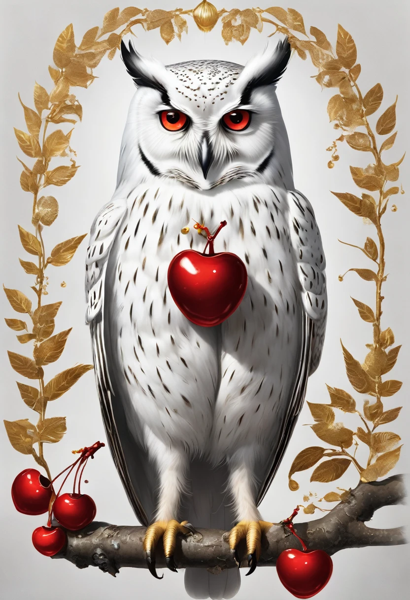 White owl with golden feathers carrying two red cherries