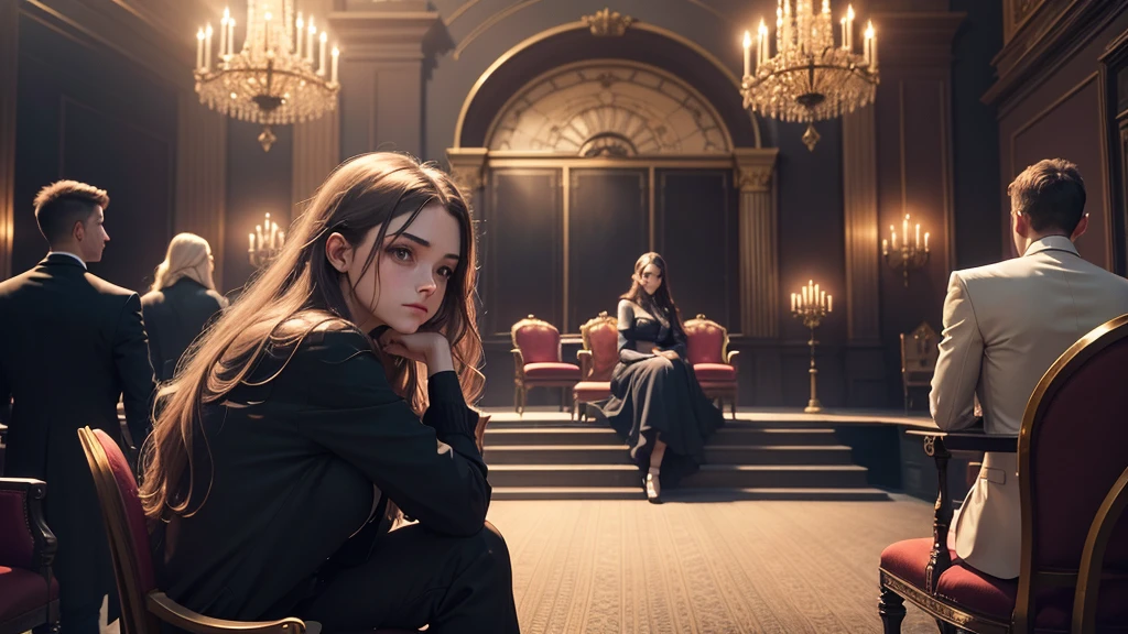 A scene of a sad and lonely young woman sitting in a dark corner of a large and opulent room. Her family is in the background, with the brother in the center, receiving attention and applause. The young woman should be depicted in darker and cooler colors, while the family is in warm and bright tones.