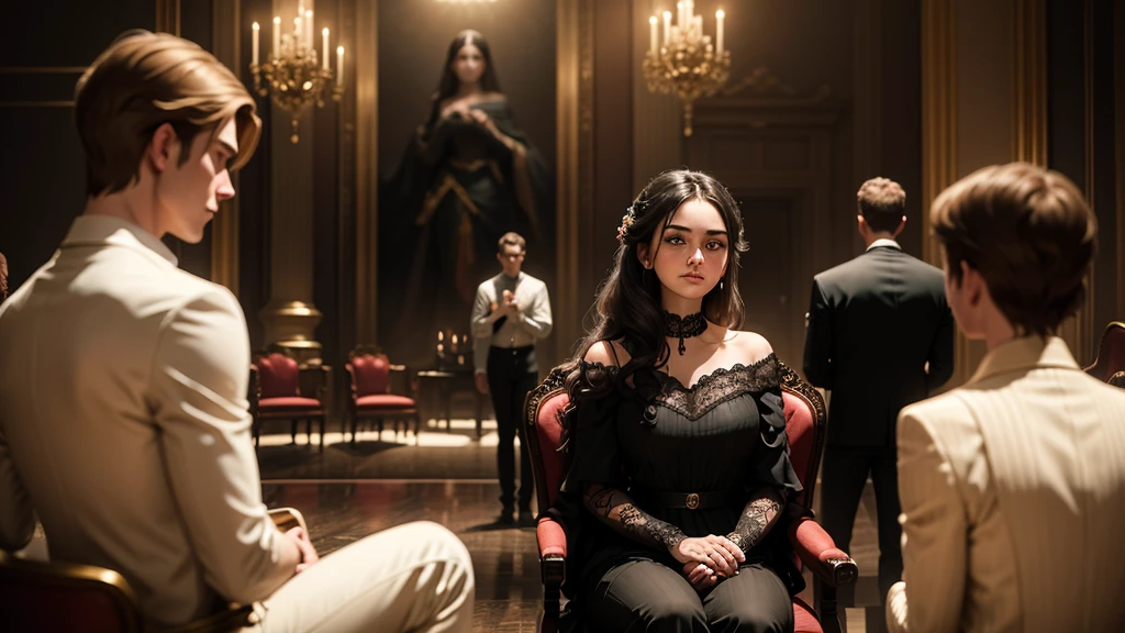 A scene of a sad and lonely young woman sitting in a dark corner of a large and opulent room. Her family is in the background, with the brother in the center, receiving attention and applause. The young woman should be depicted in darker and cooler colors, while the family is in warm and bright tones.