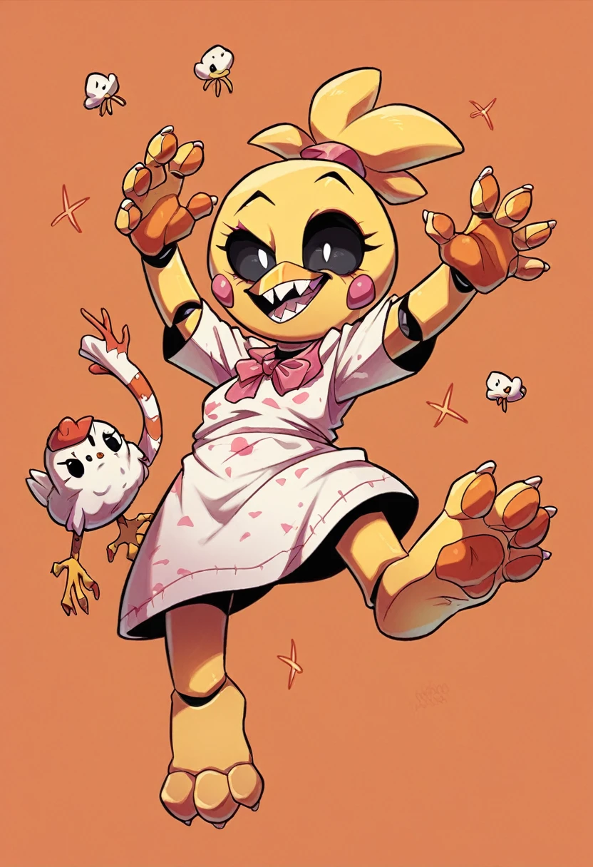 Chica the chicken from fnaf, orange paws, pawpads, very sexy, chicken beack, sharp teeth, horror, 4 paws. Scary orange background. Masterpiece, UHD