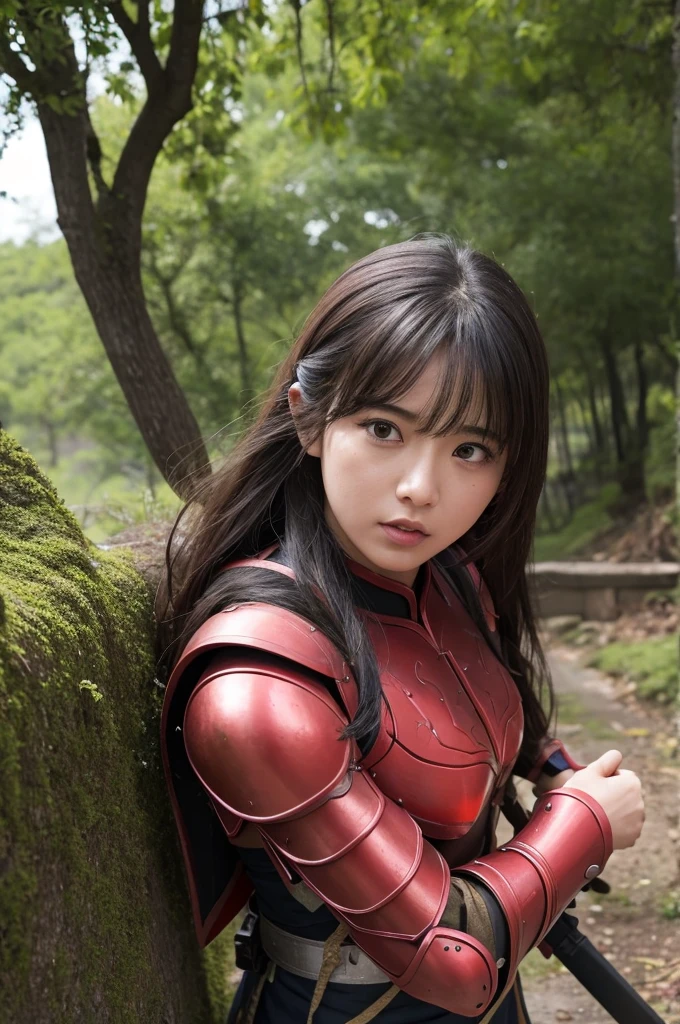 Raw photo, Very detailed, masterpiece, Highest quality, High resolution, Eye highlights, , Private Photos, night, bangs, Fluttering Hair, Outdoor, Dragon Quest、Woman warrior、Completely destroyed red armor、Injured in a fire attack、Remaining HP: 1、shieldが破壊される、Coming under attack、触手Coming under attack、Slashed with a sword、Being restrained、I&#39;Will be defeated、can&#39;Avoid attacks、Crucified、Executed、Genuine、Significant damage、shield、sword、alone、On one knee、Attacked by the flames of hell、Final blow、Armor and Armor、breastplate、Blue broken armor、Completely broken shin guard、Punch in the stomach