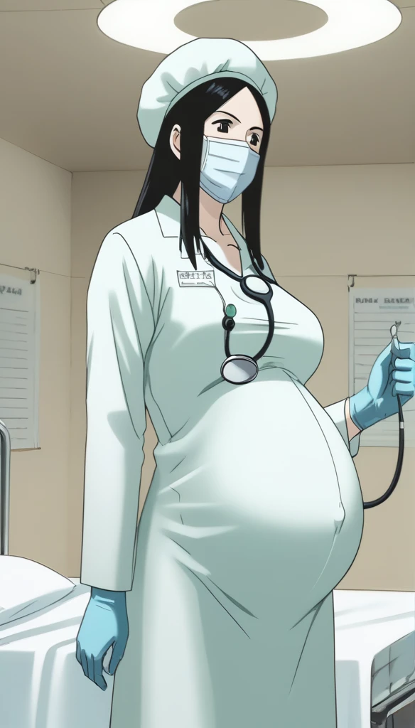score_9, score_8_up, score_7_up, source_anime, raw image, masterpiece, highest quality, kasuganoray, pale skin, her eyes are happy, long black hair, big breasts, scrubs, surgical mask, bouffant cap, long sleeve maternity dress, put on another long sleeved coat, seamless, navel head, the dress isn't wrinkled, long white stockings,
1girl, pregnant, solo, long rubber gloves, looking down, furrowed brow, hospital bed, light shines from the ceiling, standing, patient room background, stethoscope around neck, She is inquiring about the patient's condition