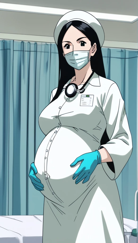 score_9, score_8_up, score_7_up, source_anime, raw image, masterpiece, highest quality, kasuganoray, pale skin, her eyes are happy, long black hair, big breasts, scrubs, surgical mask, bouffant cap, long sleeve maternity dress, put on another long sleeved coat, seamless, navel head, the dress isn't wrinkled, long white stockings,
1girl, pregnant, solo, long rubber gloves, looking down, furrowed brow, hospital bed, light shines from the ceiling, standing, patient room background, stethoscope around neck, She is inquiring about the patient's condition