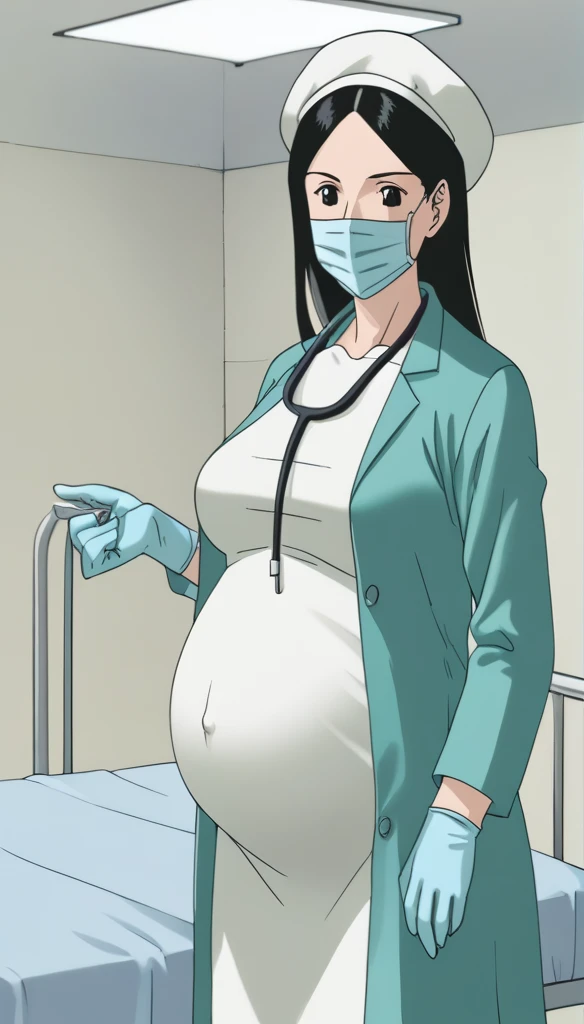score_9, score_8_up, score_7_up, source_anime, raw image, masterpiece, highest quality, kasuganoray, pale skin, her eyes are happy, long black hair, big breasts, scrubs, surgical mask, bouffant cap, long sleeve maternity dress, put on another long sleeved coat, seamless, navel head, the dress isn't wrinkled, long white stockings,
1girl, pregnant, solo, long rubber gloves, looking down, furrowed brow, hospital bed, light shines from the ceiling, standing, patient room background, stethoscope around neck, She is inquiring about the patient's condition