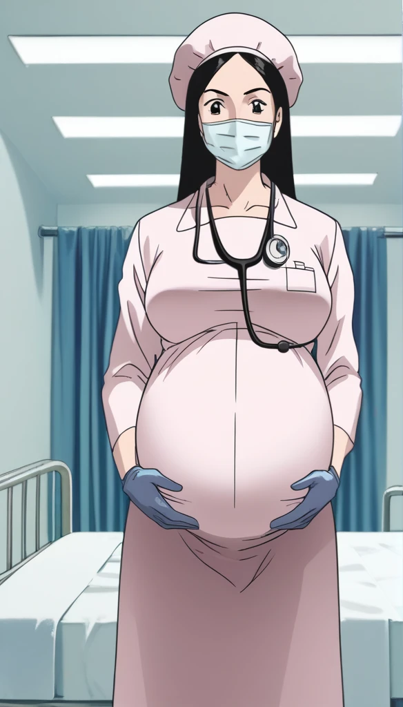 score_9, score_8_up, score_7_up, source_anime, raw image, masterpiece, highest quality, kasuganoray, pale skin, her eyes are happy, long black hair, big breasts, scrubs, surgical mask, bouffant cap, long sleeve maternity dress, put on another long sleeved coat, seamless, navel head, the dress isn't wrinkled, long white stockings,
1girl, pregnant, solo, long rubber gloves, looking down, furrowed brow, hospital bed, light shines from the ceiling, standing, patient room background, stethoscope around neck, She is inquiring about the patient's condition